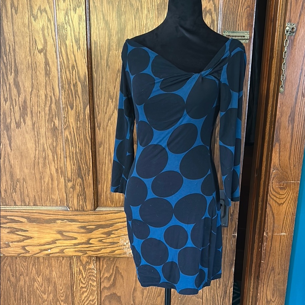 Express Blue and Black Asymmetrical Long Sleeve Sheath Dress